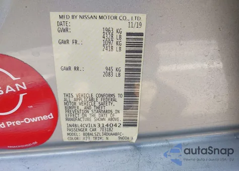 2020 Nissan Altima Sr Fwd from USA, damaged, VIN 1N4BL4CV1LN314042